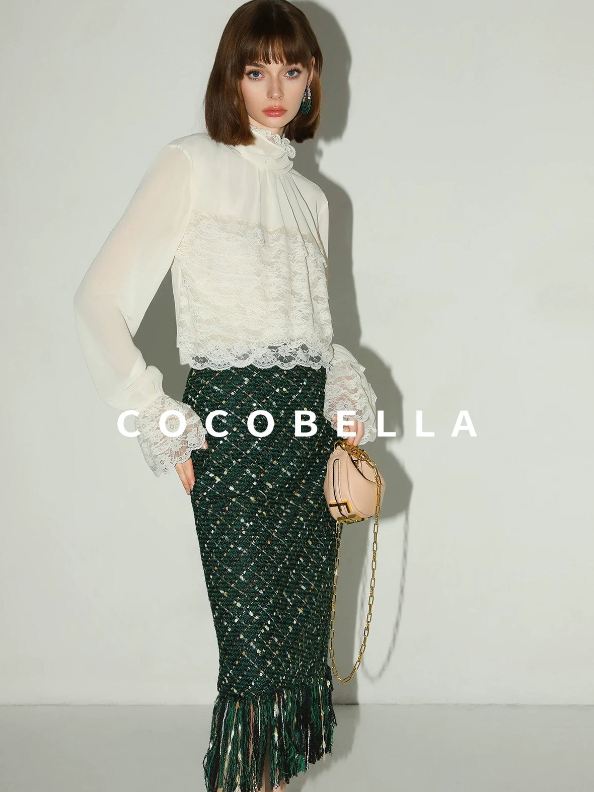 COCOBELLA Lace Patchwork Pleated Commuter Straight Fit Stand Collar Womens Blouse Shirts