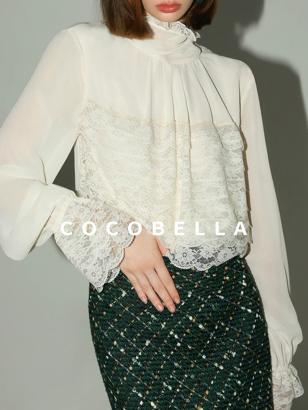 COCOBELLA Lace Patchwork Pleated Commuter Straight Fit Stand Collar Womens Blouse Shirts