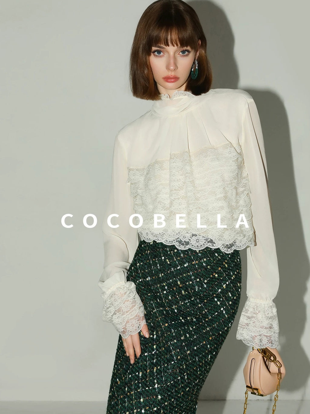 COCOBELLA Lace Patchwork Pleated Commuter Straight Fit Stand Collar Womens Blouse Shirts
