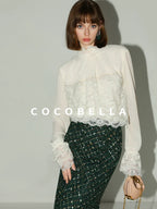 COCOBELLA Lace Patchwork Pleated Commuter Straight Fit Stand Collar Womens Blouse Shirts