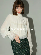 COCOBELLA Lace Patchwork Pleated Commuter Straight Fit Stand Collar Womens Blouse Shirts