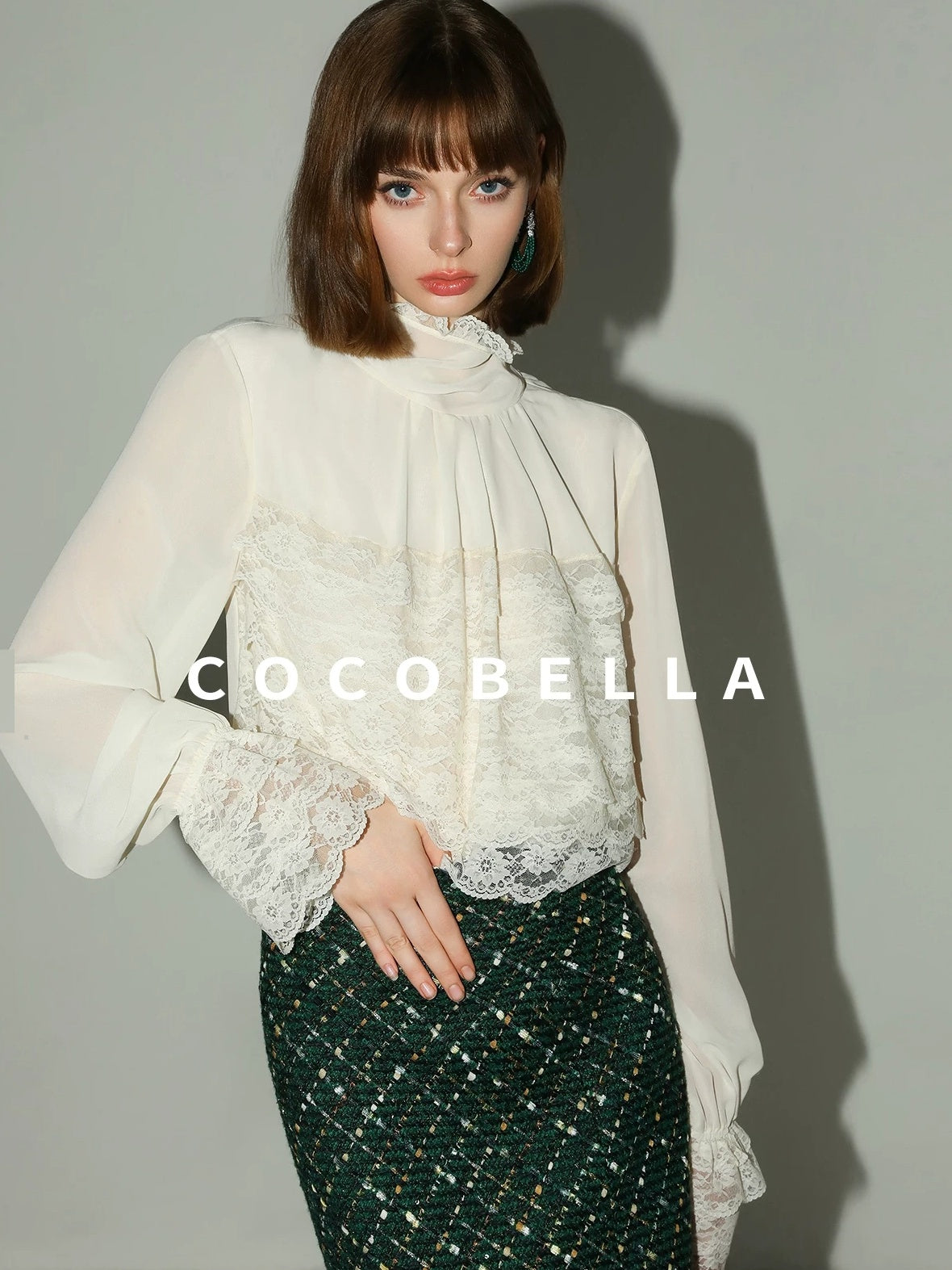 COCOBELLA Lace Patchwork Pleated Commuter Straight Fit Stand Collar Womens Blouse Shirts