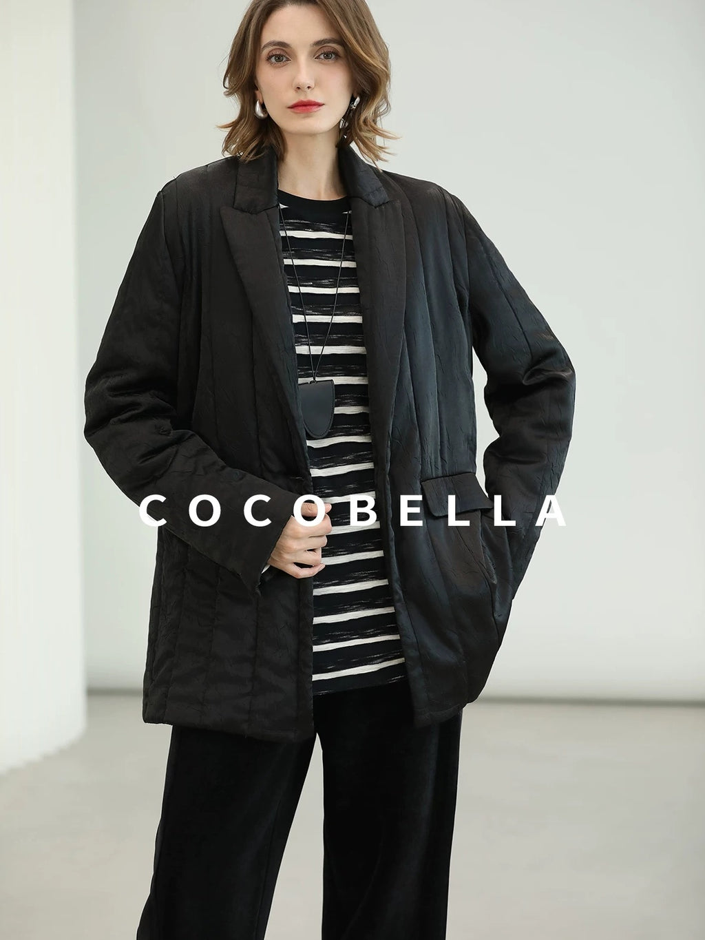 COCOBELLA Lightweight Mid Length Straight Office Commuter Women Black Padded Jackets