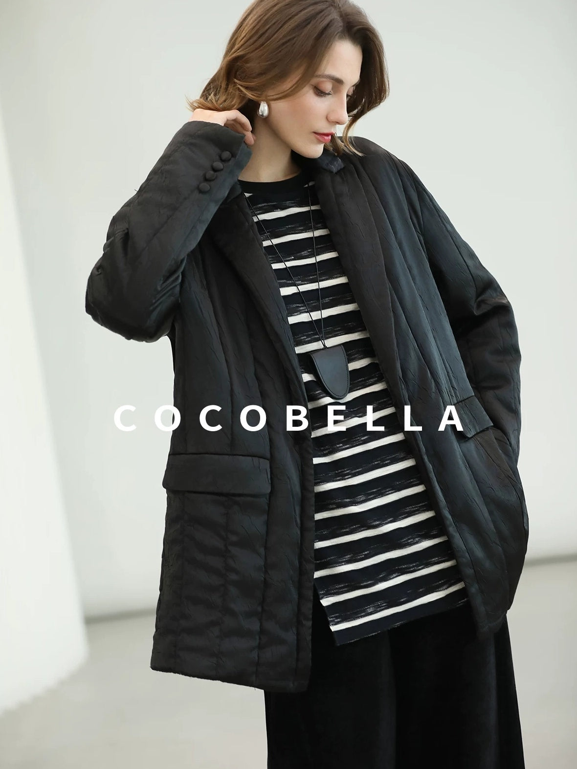 COCOBELLA Lightweight Mid Length Straight Office Commuter Women Black Padded Jackets