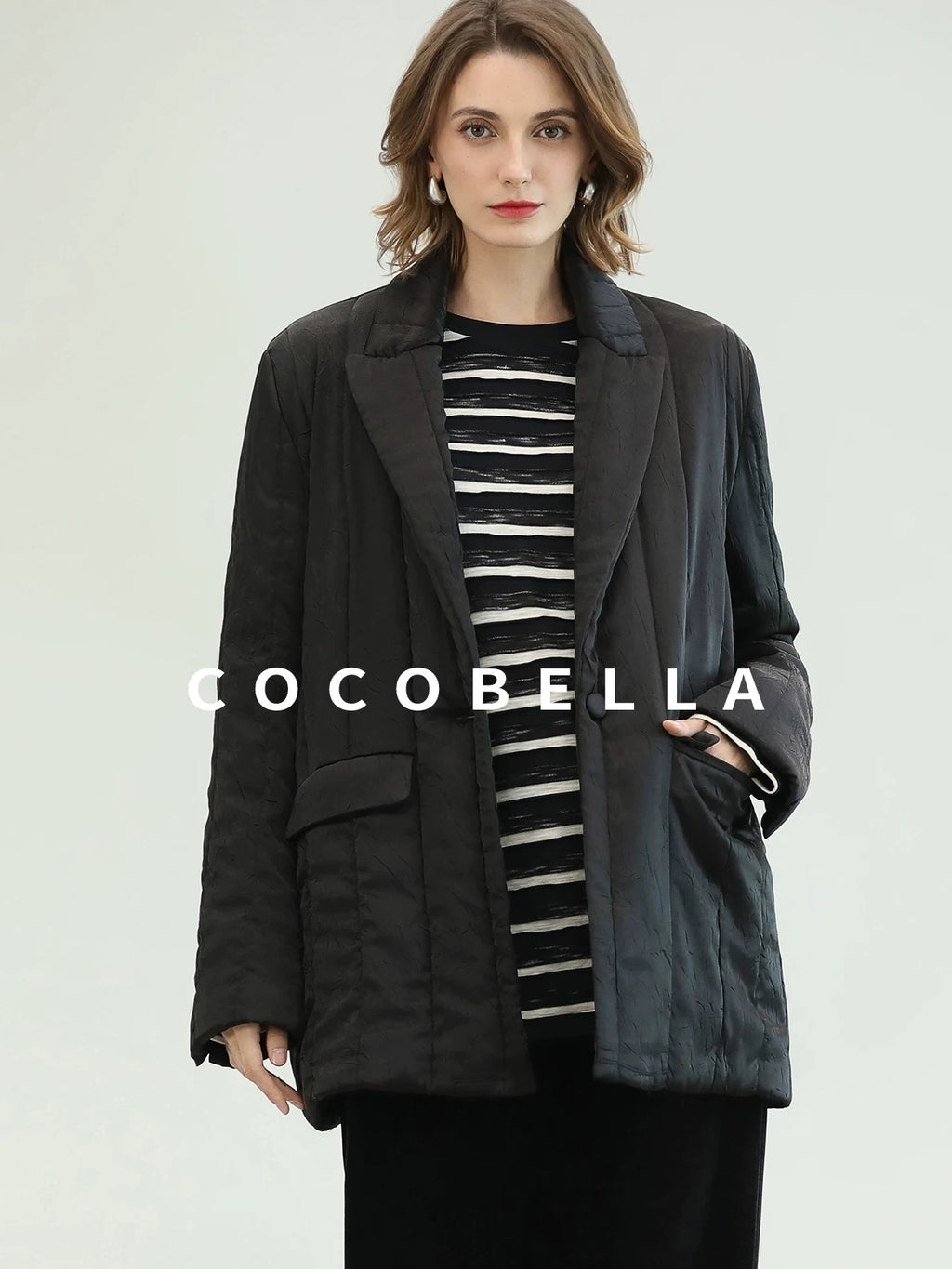 COCOBELLA Lightweight Mid Length Straight Office Commuter Women Black Padded Jackets