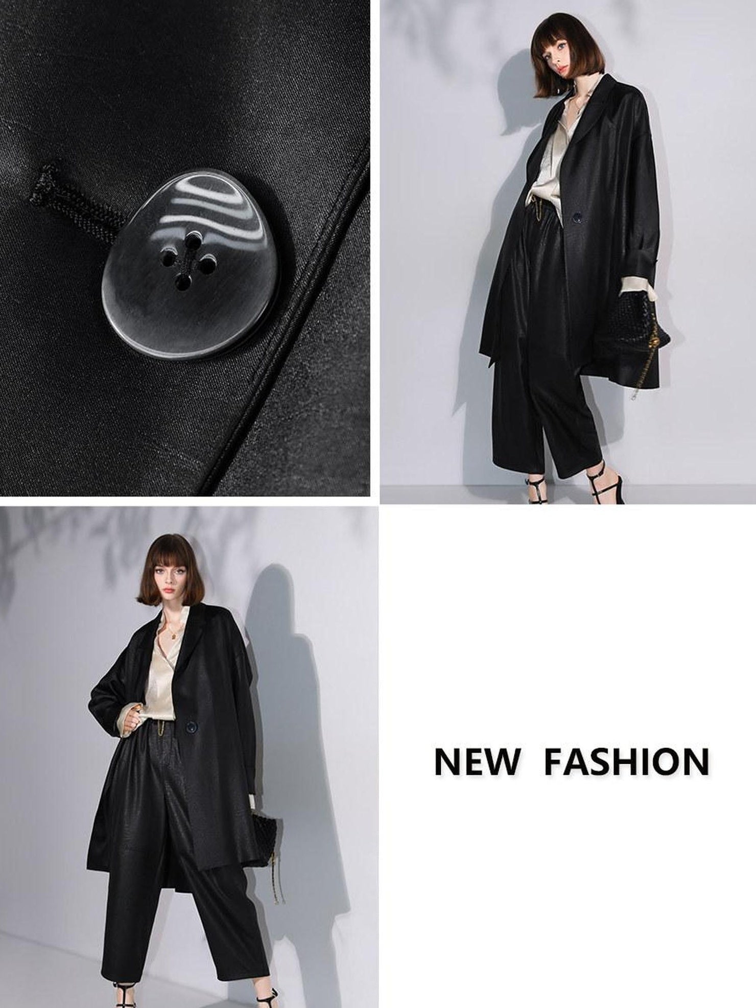 COCOBELLA Longline Buttoned Loose Fit Office Workwear Tonal Jacquard Black Blazers