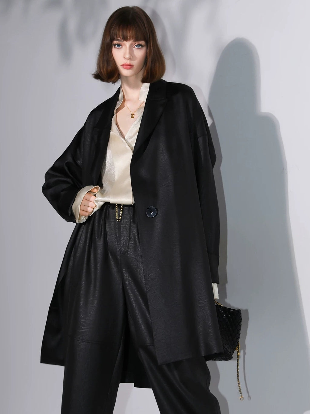 COCOBELLA Longline Buttoned Loose Fit Office Workwear Tonal Jacquard Black Blazers