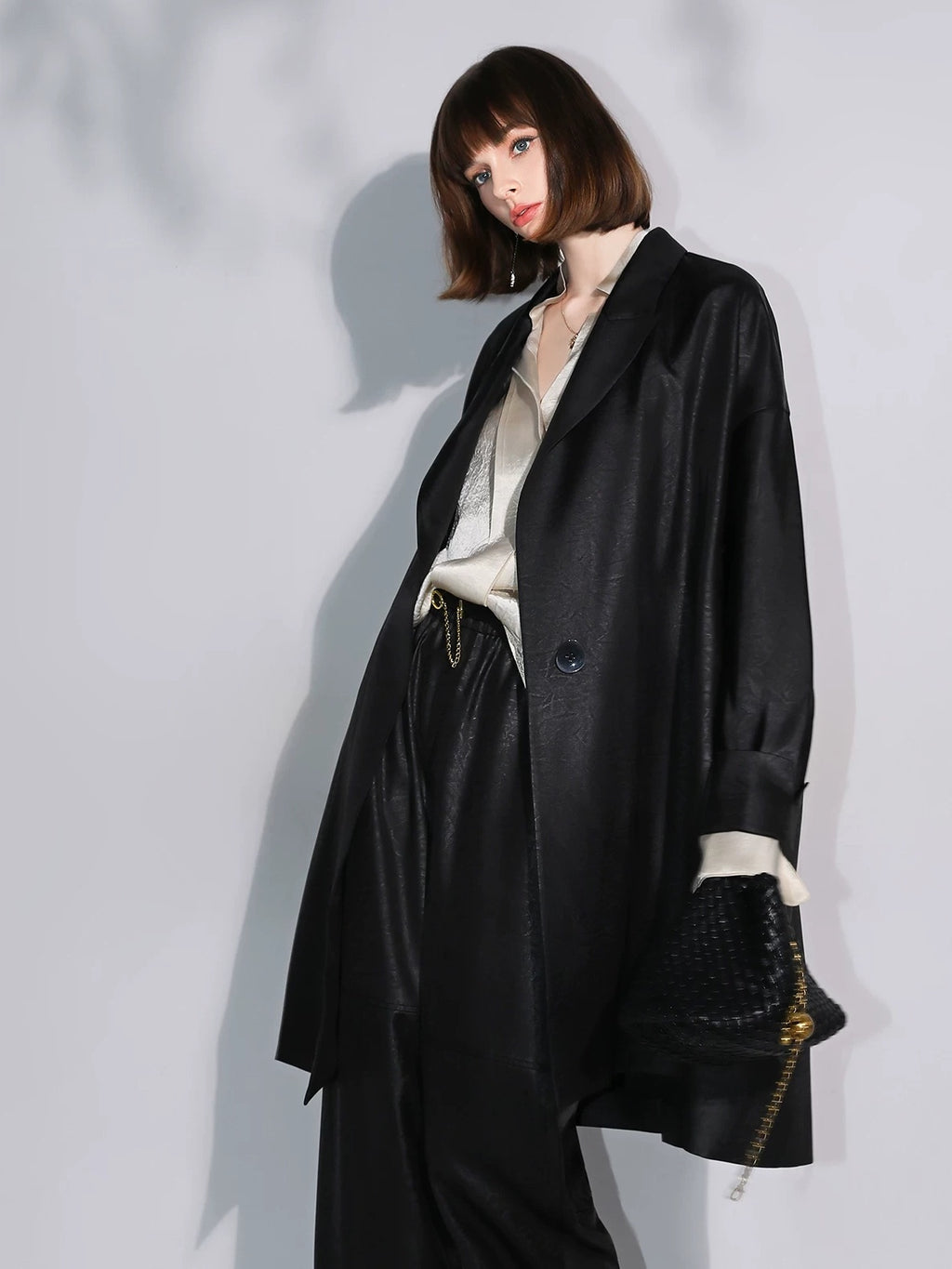 COCOBELLA Longline Buttoned Loose Fit Office Workwear Tonal Jacquard Black Blazers