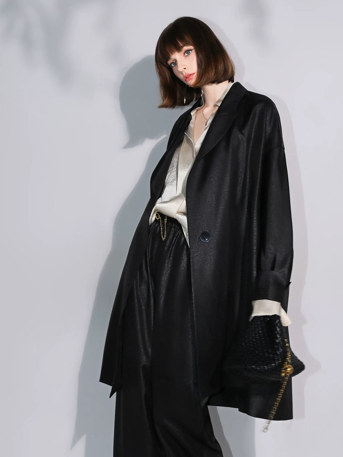 COCOBELLA Longline Buttoned Loose Fit Office Workwear Tonal Jacquard Black Blazers