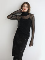COCOBELLA Luxe 3D Sequin Embroidered Mid Rise H Line Office Pencil Black Skirts