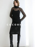 COCOBELLA Luxe 3D Sequin Embroidered Mid Rise H Line Office Pencil Black Skirts