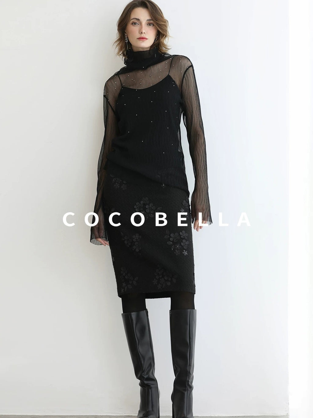 COCOBELLA Luxe 3D Sequin Embroidered Mid Rise H Line Office Pencil Black Skirts