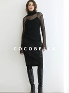 COCOBELLA Luxe 3D Sequin Embroidered Mid Rise H Line Office Pencil Black Skirts