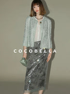COCOBELLA Luxe Shimmer Mesh Floral Sequin Mid Rise Straight Midi Women Rayon Skirts