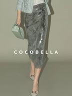 COCOBELLA Luxe Shimmer Mesh Floral Sequin Mid Rise Straight Midi Women Rayon Skirts