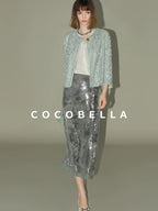 COCOBELLA Luxe Shimmer Mesh Floral Sequin Mid Rise Straight Midi Women Rayon Skirts