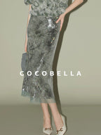 COCOBELLA Luxe Shimmer Mesh Floral Sequin Mid Rise Straight Midi Women Rayon Skirts