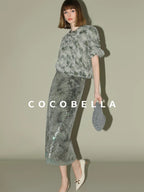 COCOBELLA Luxe Shimmer Mesh Floral Sequin Mid Rise Straight Midi Women Rayon Skirts