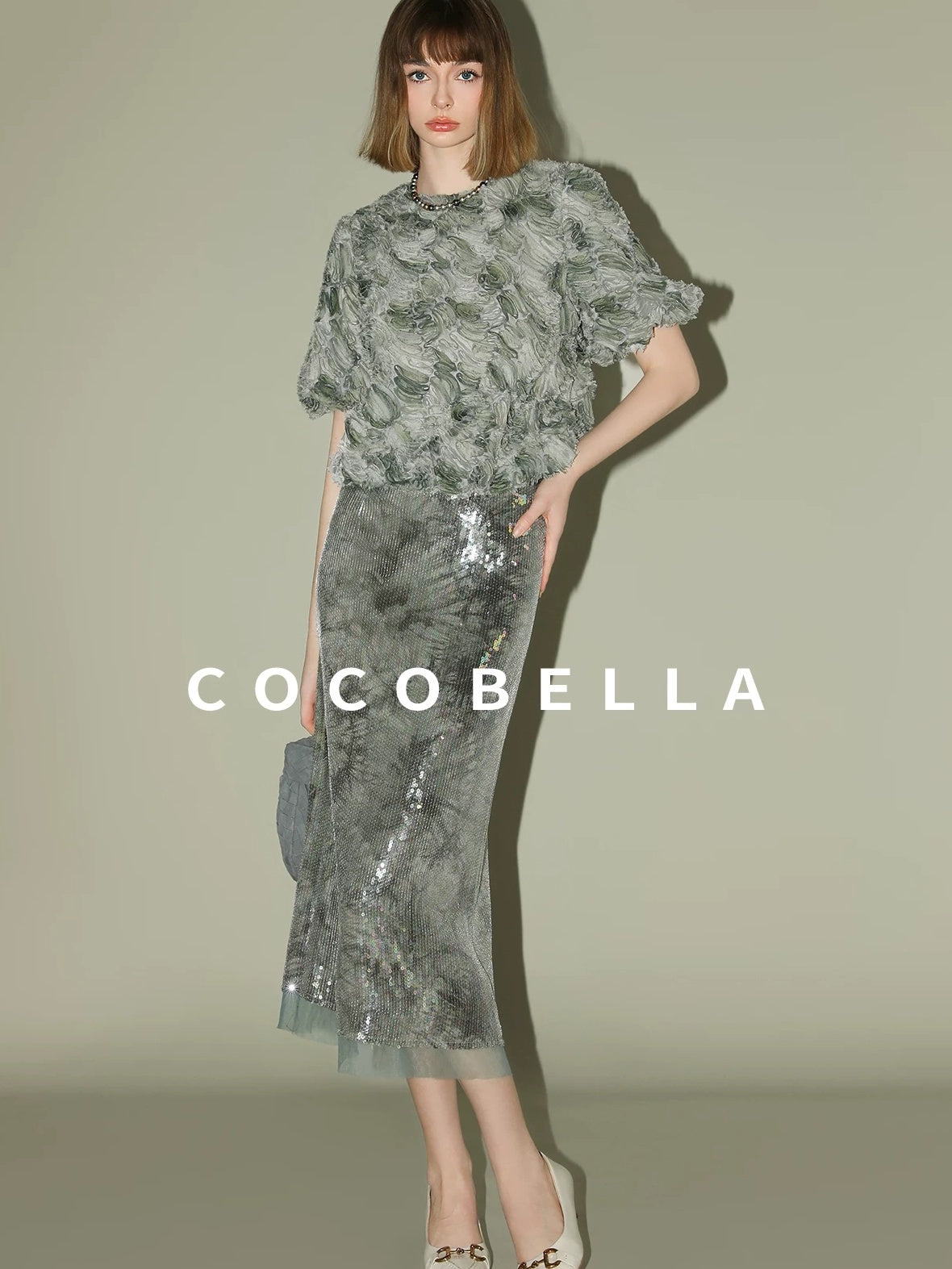 COCOBELLA Luxe Shimmer Mesh Floral Sequin Mid Rise Straight Midi Women Rayon Skirts