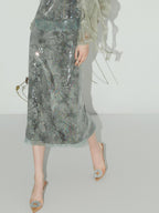 COCOBELLA Luxe Shimmer Mesh Floral Sequin Mid Rise Straight Midi Women Rayon Skirts