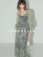 COCOBELLA Luxe Shimmer Mesh Floral Sequin Mid Rise Straight Midi Women Rayon Skirts