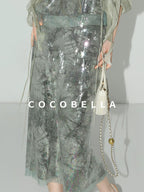 COCOBELLA Luxe Shimmer Mesh Floral Sequin Mid Rise Straight Midi Women Rayon Skirts