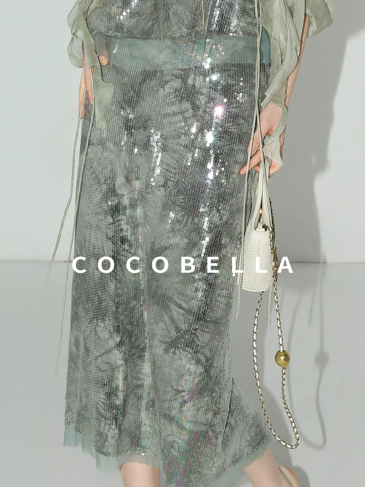 COCOBELLA Luxe Shimmer Mesh Floral Sequin Mid Rise Straight Midi Women Rayon Skirts