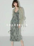 COCOBELLA Luxe Shimmer Mesh Floral Sequin Mid Rise Straight Midi Women Rayon Skirts