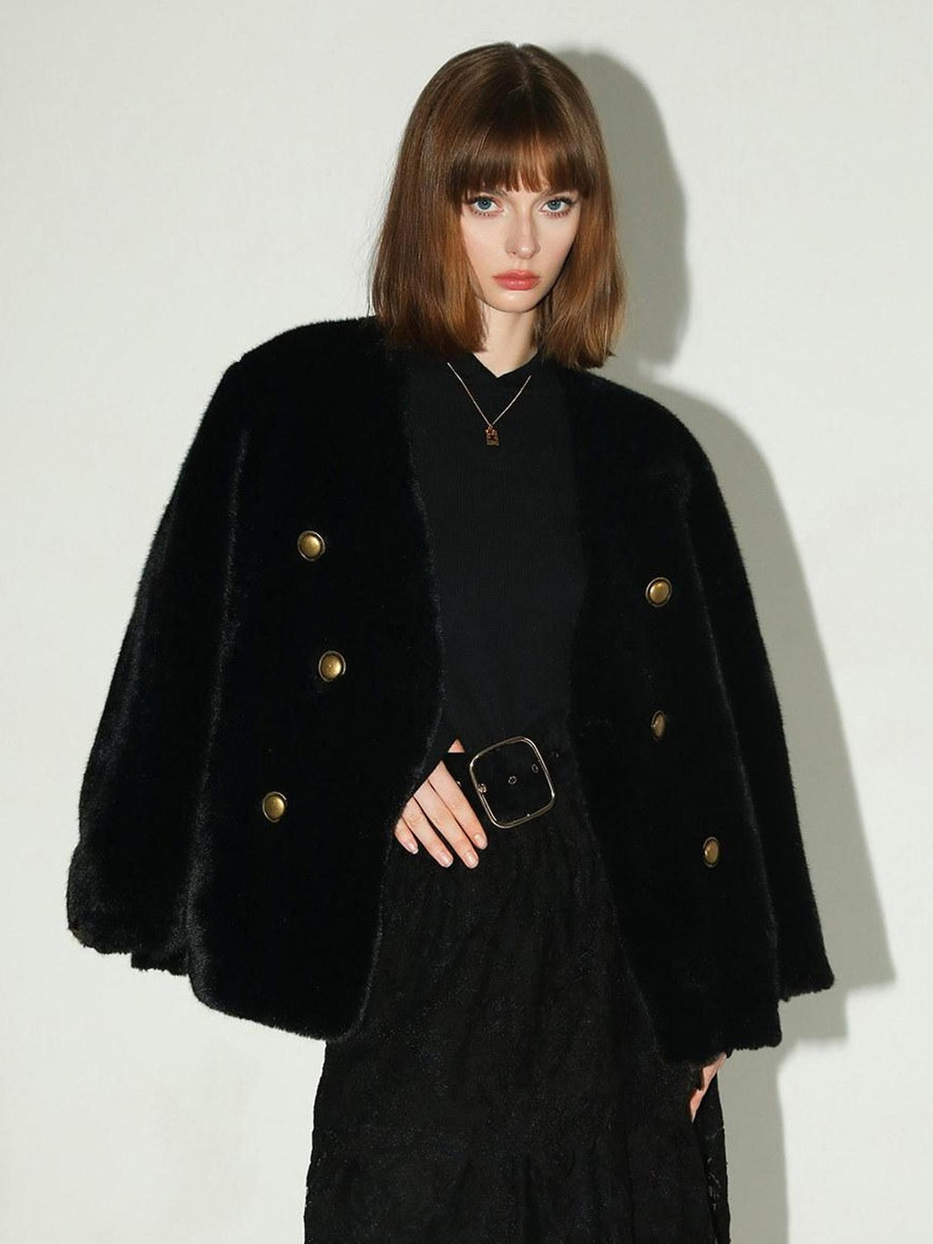 COCOBELLA Luxurious Faux Fur Double Breasted V Neck Classic Women Workwear Coats