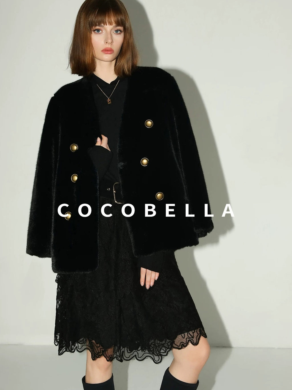 COCOBELLA Luxurious Faux Fur Double Breasted V Neck Classic Women Workwear Coats