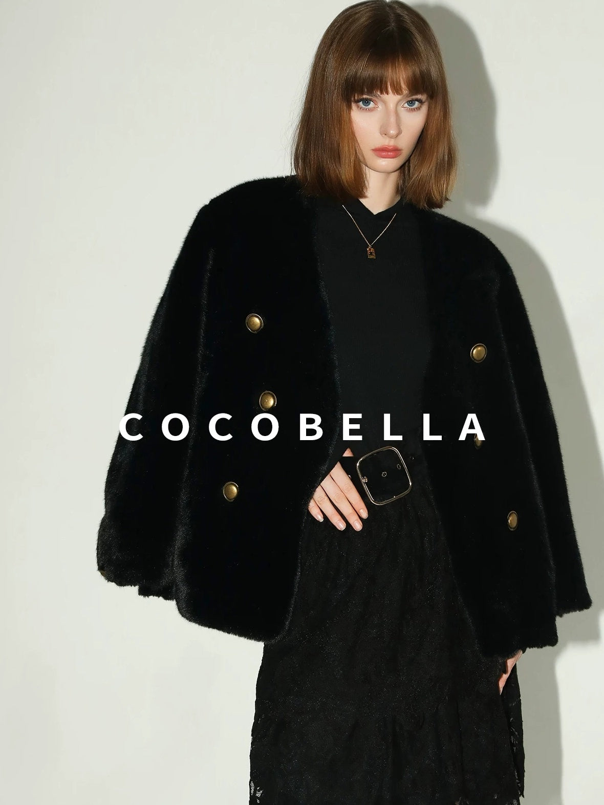 COCOBELLA Luxurious Faux Fur Double Breasted V Neck Classic Women Workwear Coats