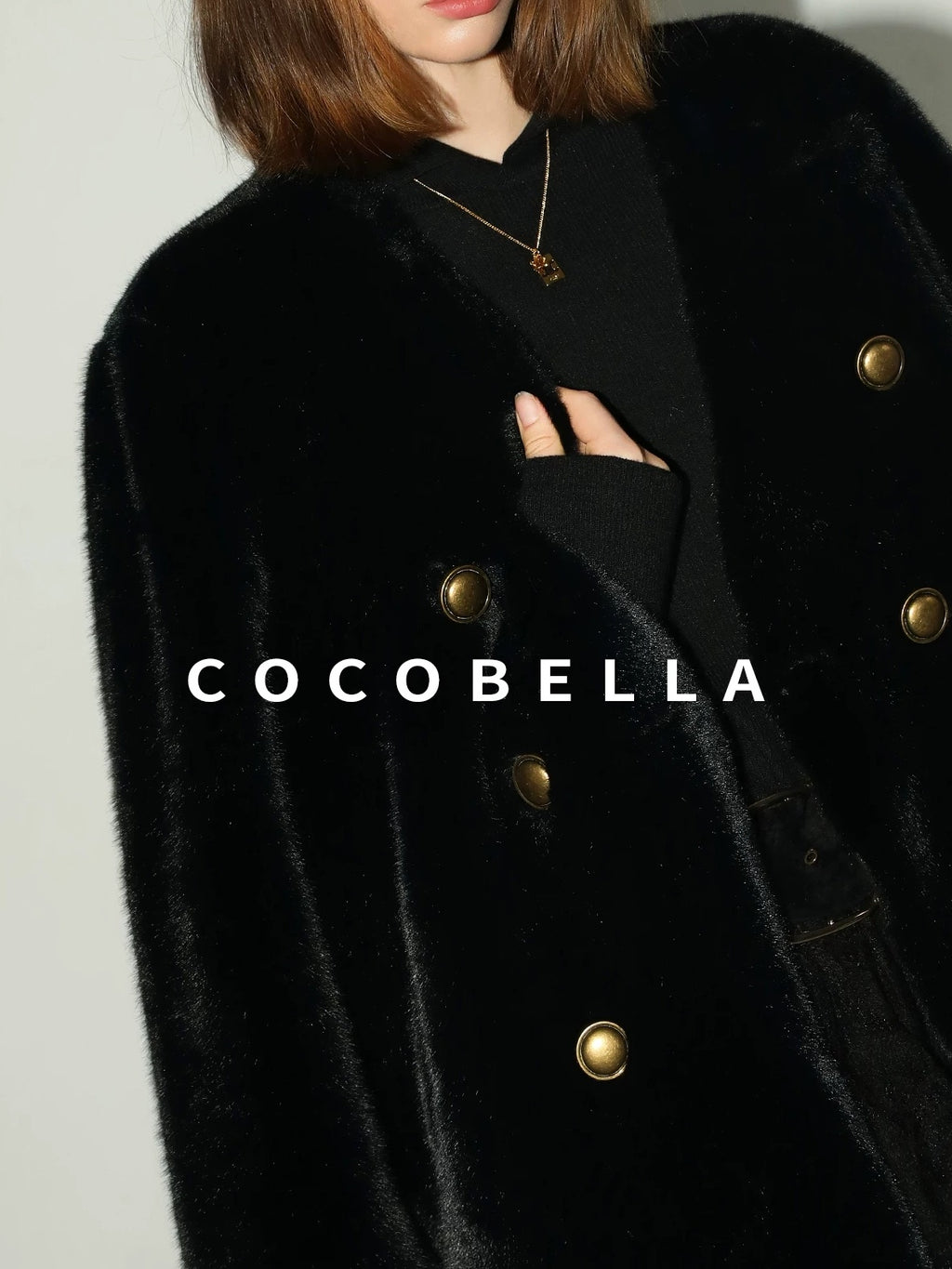 COCOBELLA Luxurious Faux Fur Double Breasted V Neck Classic Women Workwear Coats