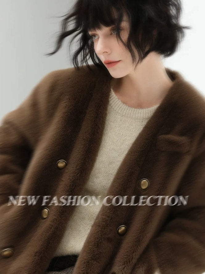 COCOBELLA Luxurious Faux Fur Double Breasted V Neck Standard Fit Ladies Commuter Jackets