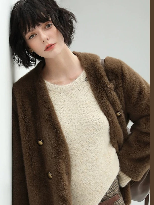 COCOBELLA Luxurious Faux Fur Double Breasted V Neck Standard Fit Ladies Commuter Jackets