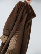 COCOBELLA Luxurious Faux Fur Longline Stand Collar Straight Women Vintage Coffee Coats