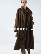 COCOBELLA Luxurious Faux Fur Longline Stand Collar Straight Women Vintage Coffee Coats