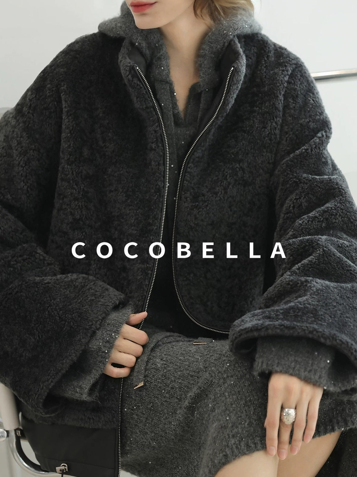 COCOBELLA Luxurious Faux Fur Loose Fit Stand Collar Zipper Women Office Outerwear Jackets