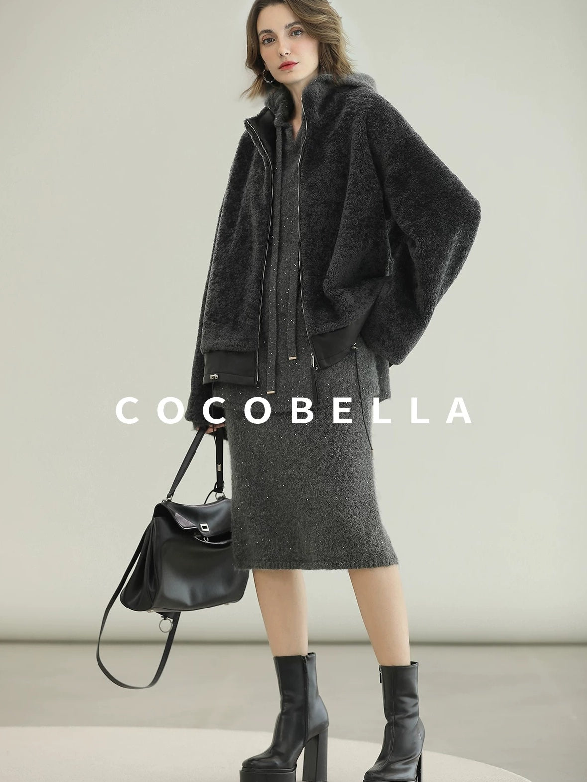 COCOBELLA Luxurious Faux Fur Loose Fit Stand Collar Zipper Women Office Outerwear Jackets