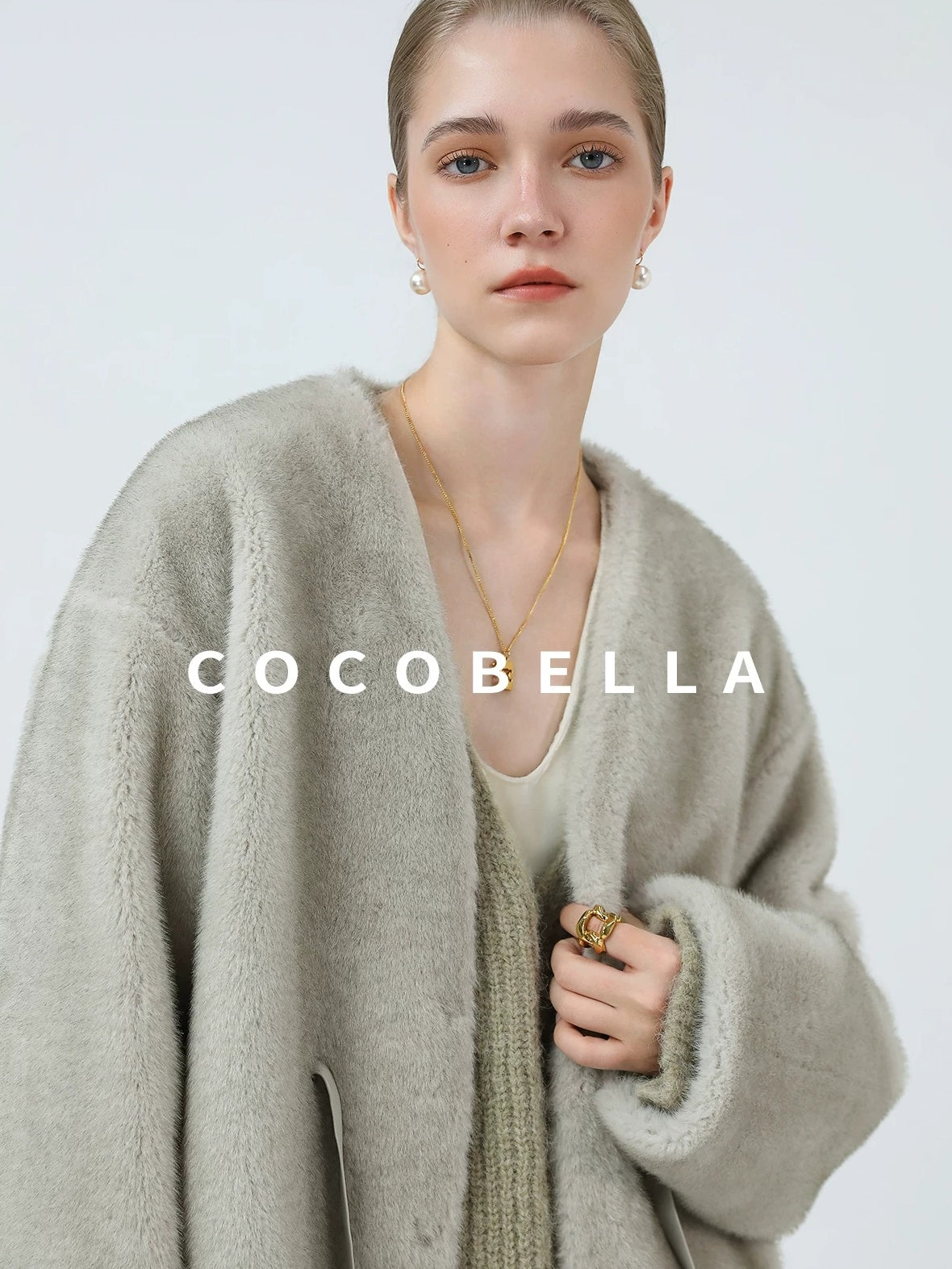COCOBELLA Luxurious Faux Fur Straight Fit V Neck Women Polyester Pearl Color Jackets