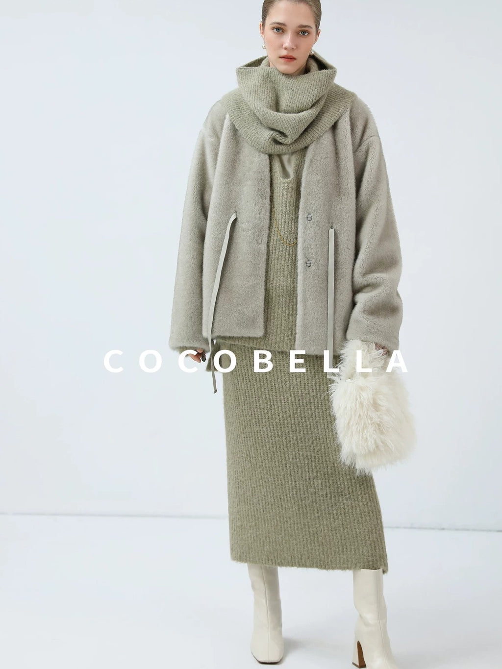 COCOBELLA Luxurious Faux Fur Straight Fit V Neck Women Polyester Pearl Color Jackets