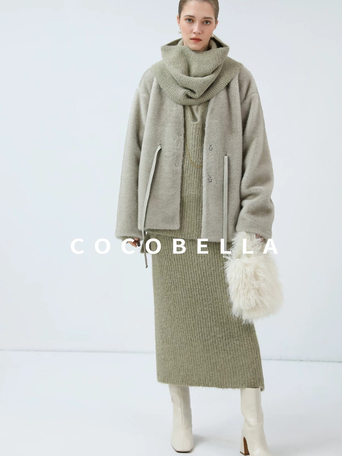COCOBELLA Luxurious Faux Fur Straight Fit V Neck Women Polyester Pearl Color Jackets