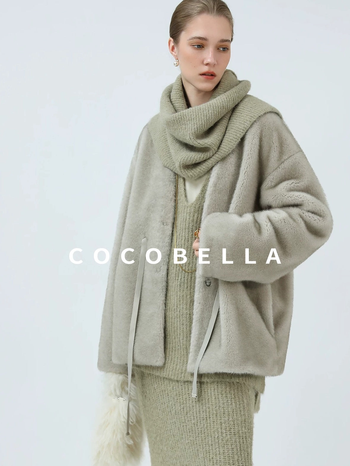 COCOBELLA Luxurious Faux Fur Straight Fit V Neck Women Polyester Pearl Color Jackets