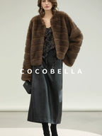 COCOBELLA Luxury Faux Fur Vintage Regular Fit Long Sleeve Women Coffee Brown Coats