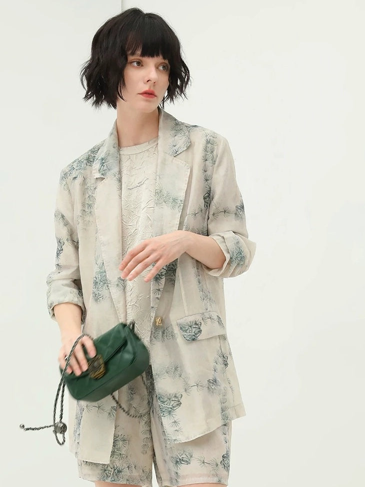 COCOBELLA Lyocell Blend Printed Straight Mid Length One Button Women Office Blazers