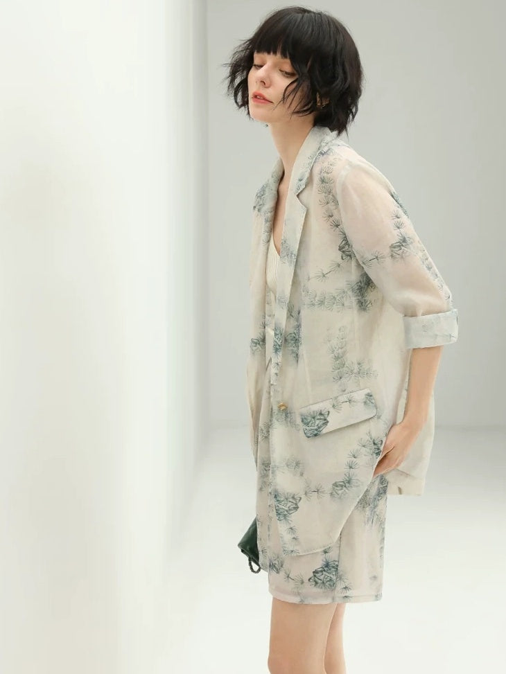 COCOBELLA Lyocell Blend Printed Straight Mid Length One Button Women Office Blazers