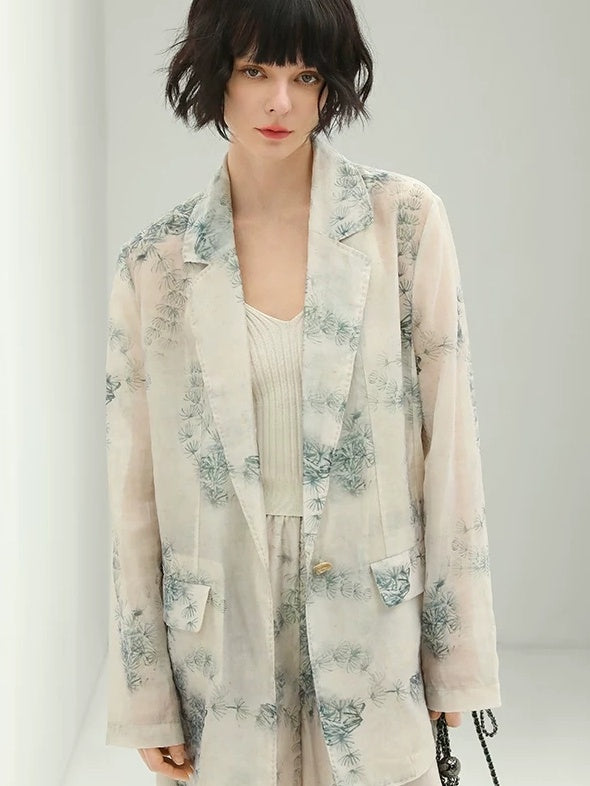 COCOBELLA Lyocell Blend Printed Straight Mid Length One Button Women Office Blazers