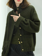 COCOBELLA Minimal Commuter Straight Fit Stand Collar Wool Blend Button Army Green Jackets
