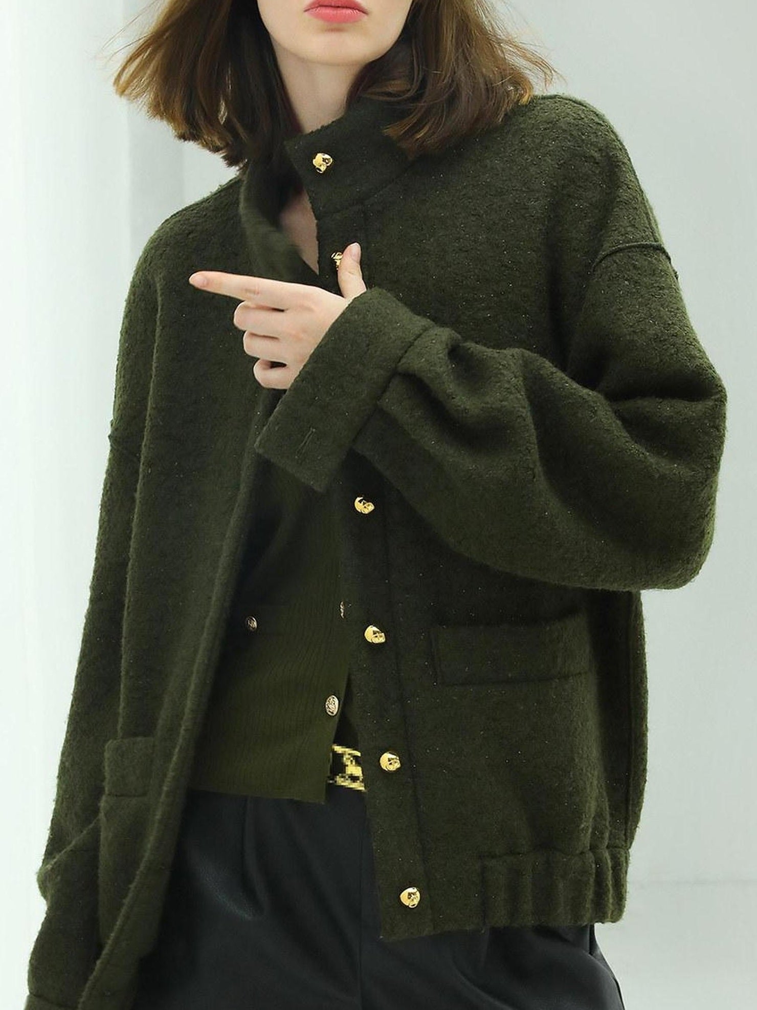 COCOBELLA Minimal Commuter Straight Fit Stand Collar Wool Blend Button Army Green Jackets