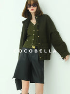 COCOBELLA Minimal Commuter Straight Fit Stand Collar Wool Blend Button Army Green Jackets