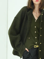 COCOBELLA Minimal Commuter Straight Fit Stand Collar Wool Blend Button Army Green Jackets